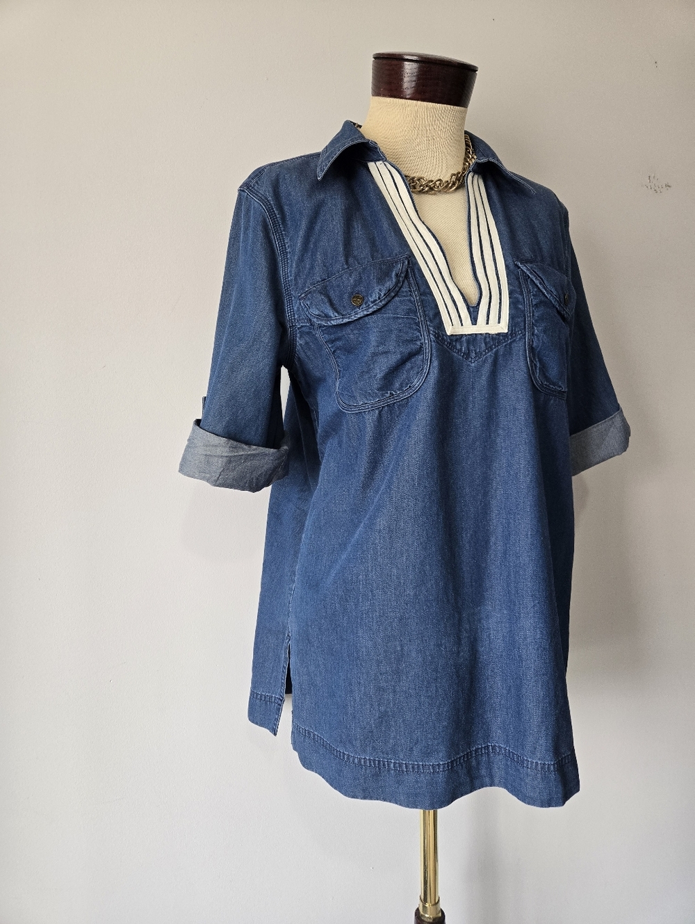 Ralph Lauren LRL Blue Denim Lightweight V Neck Tunic With Roll Cuffs. Size Med - Picture 2 of 10